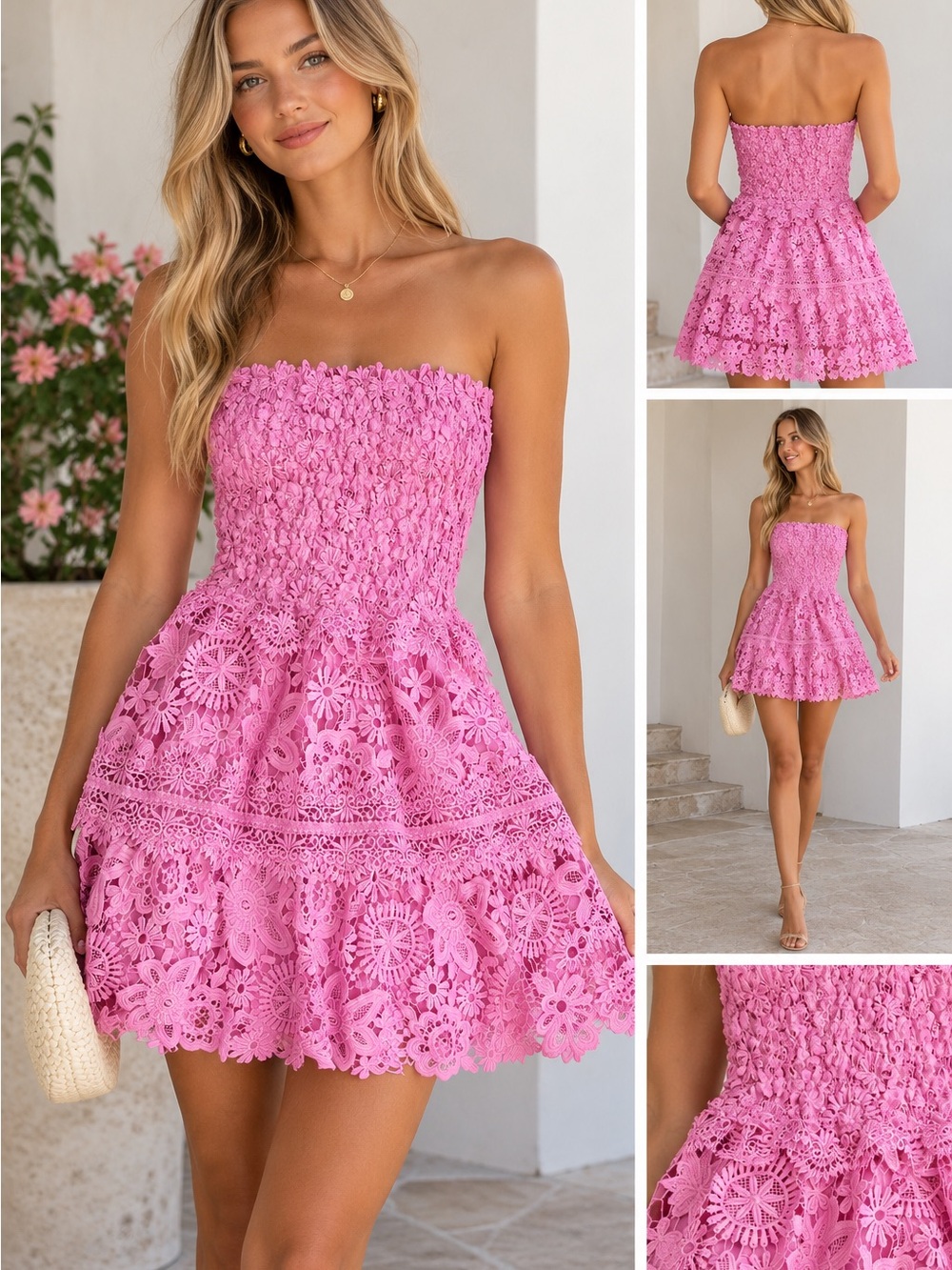 Smocked Strapless Pink Lace Mini Dress